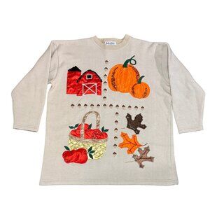 Vintage Fall Crewneck Sweatshirt Embroidered Beaded Pumpkins Women's Size XXL